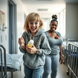 In a mental asylum room, the scene depicts a 22-year-old eccentric malnourished woman with medium-length blonde hair and bright blue eyes, energetically shouting with a wide grin while holding a baby bottle