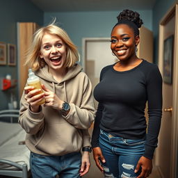 In a mental asylum room, the scene depicts a 22-year-old eccentric malnourished woman with medium-length blonde hair and bright blue eyes, energetically shouting with a wide grin while holding a baby bottle