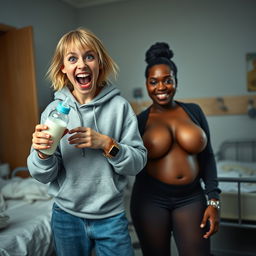 In a mental asylum room, the scene depicts a 22-year-old eccentric malnourished woman with medium-length blonde hair and bright blue eyes, energetically shouting with a wide grin while holding a baby bottle