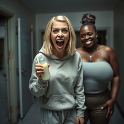 In a dimly lit asylum room, a frenzied young woman with mid-length blonde hair parted in the middle, around 22 years old, is standing and holding a baby bottle, her blue eyes wide open in a manic expression