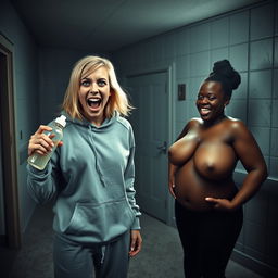 In a dimly lit asylum room, a frenzied young woman with mid-length blonde hair parted in the middle, around 22 years old, is standing and holding a baby bottle, her blue eyes wide open in a manic expression