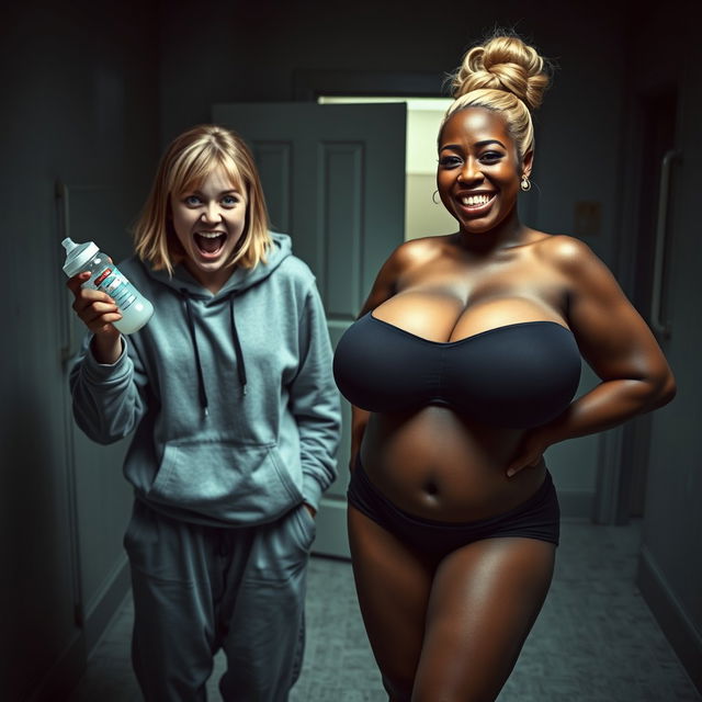 In a dimly lit asylum room, a frenzied young woman with mid-length blonde hair parted in the middle, around 22 years old, is standing and holding a baby bottle, her blue eyes wide open in a manic expression