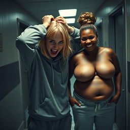 In a dimly lit asylum room, a frenzied young woman with mid-length blonde hair parted in the middle, around 22 years old, is holding her head tightly with both hands, appearing distressed and chaotic