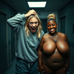 In a dimly lit asylum room, a frenzied young woman with mid-length blonde hair parted in the middle, around 22 years old, is holding her head tightly with both hands, appearing distressed and chaotic