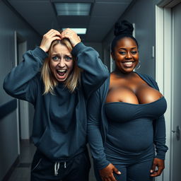 In a dimly lit asylum room, a frenzied young woman with mid-length blonde hair parted in the middle, around 22 years old, is holding her head tightly with both hands, appearing distressed and chaotic