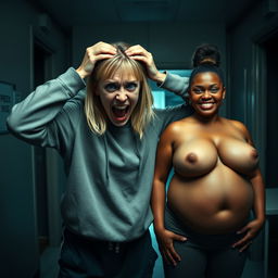 In a dimly lit asylum room, a frenzied young woman with mid-length blonde hair parted in the middle, around 22 years old, is holding her head tightly with both hands, appearing distressed and chaotic