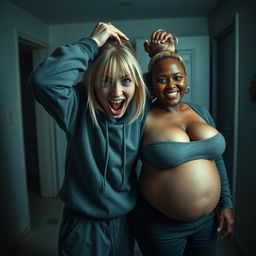 In a dimly lit asylum room, a frenzied young woman with mid-length blonde hair parted in the middle, around 22 years old, is holding her head tightly with both hands, appearing distressed and chaotic