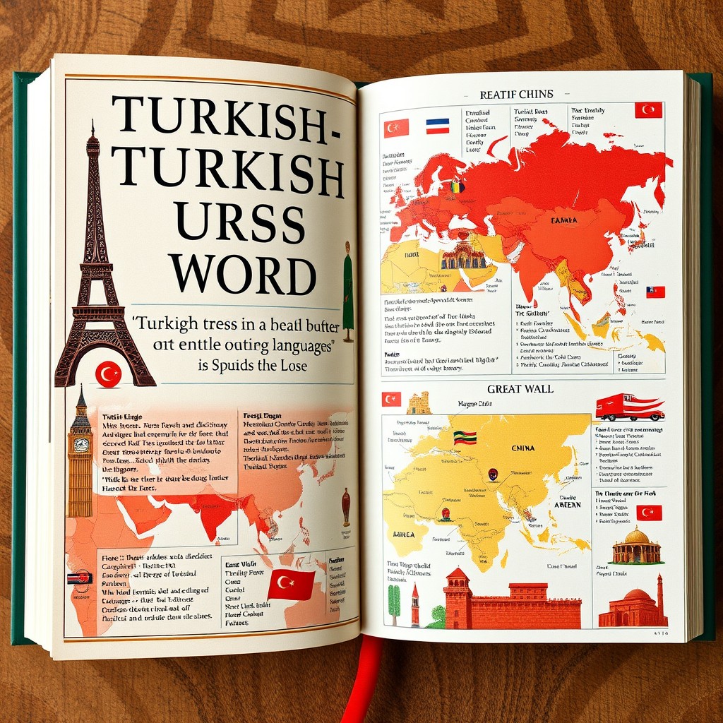 A comprehensive dictionary featuring Turkish words that have entered other languages, beautifully illustrated with examples of usage in different linguistic contexts