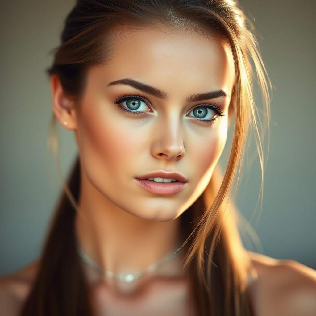 A portrait of a woman with striking green eyes and long brown hair tied back in a sleek ponytail