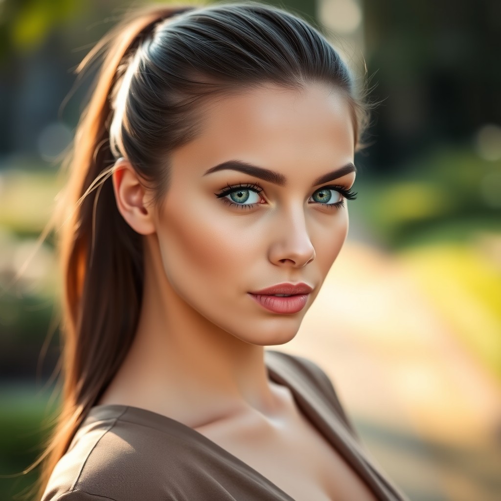 A beautiful woman with striking emerald green eyes and long brown hair styled in a sleek ponytail