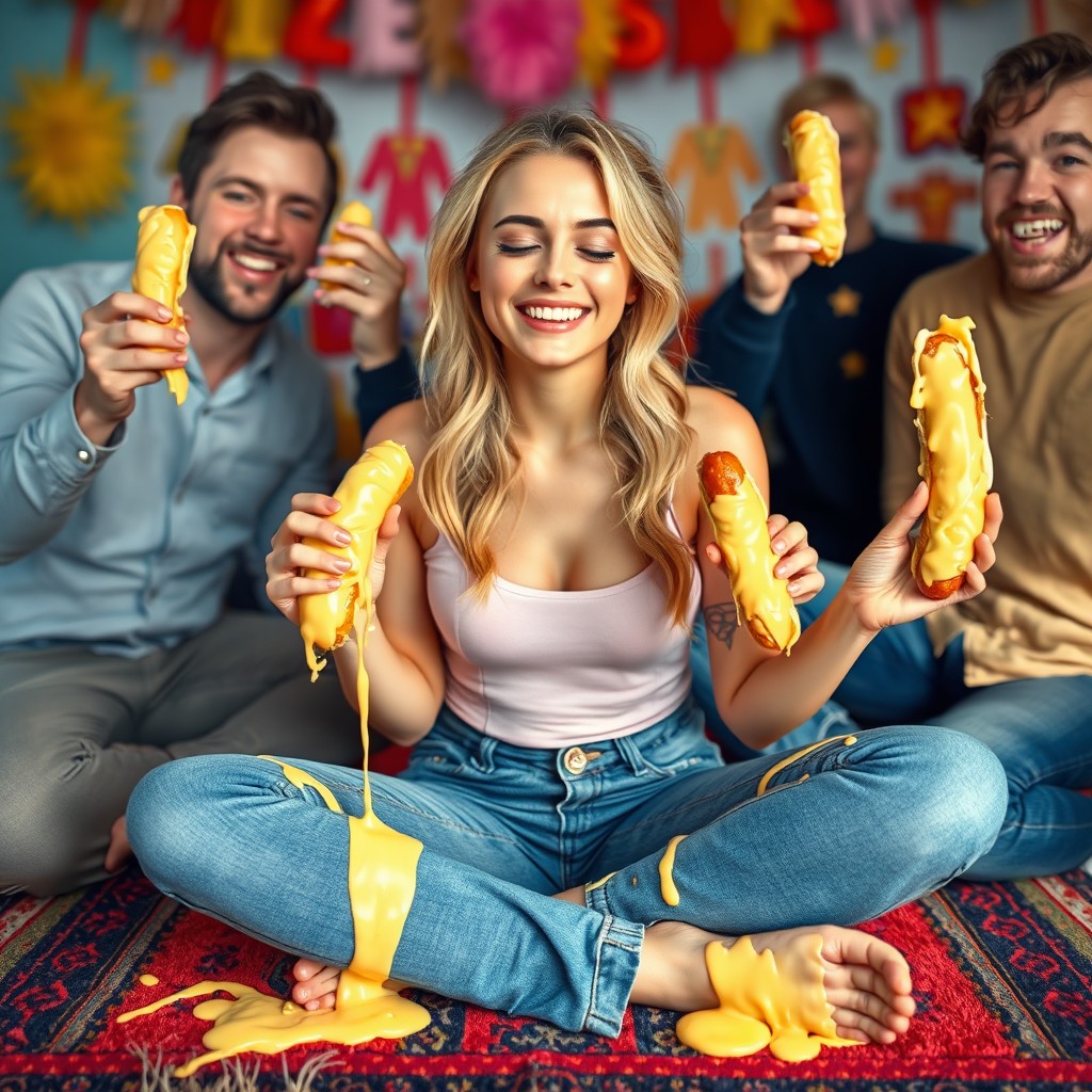 A hot young woman, 18 years old, with striking yellow-blonde hair and expertly applied makeup, sitting criss cross on a colorful rug, smiling with her eyes closed in a carefree manner