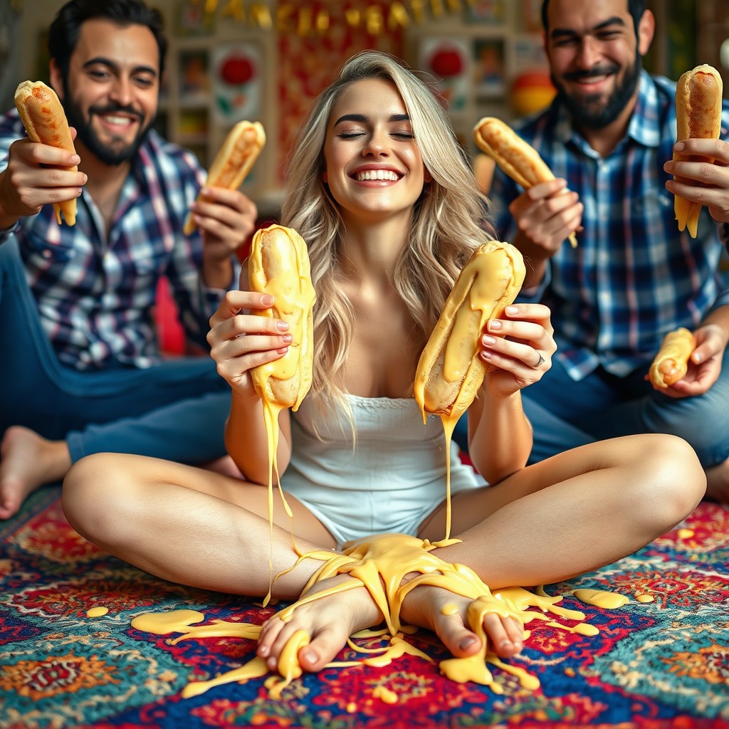 A hot blonde young woman, 18 years old, with stunning makeup, sitting criss cross on a vibrant rug, smiling with her eyes closed, radiating joy and carefree spirit