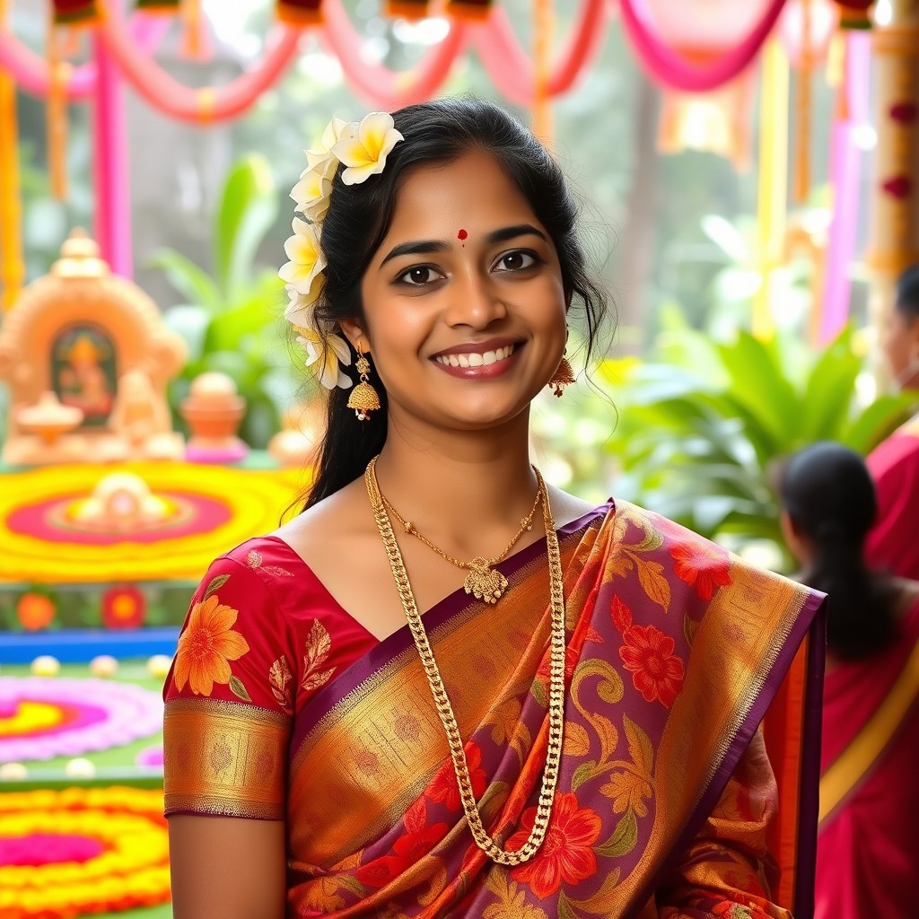 A beautiful 22-year-old woman celebrating Onam, dressed in traditional Kerala attire