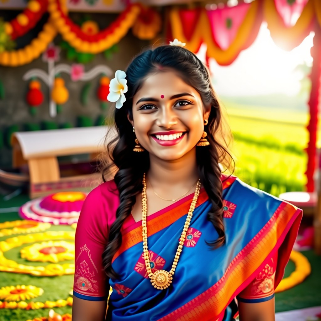 A joyful young woman celebrating the festival of Onam, age 22, dressed in a beautiful traditional Kerala saree with vibrant colors featuring intricate designs
