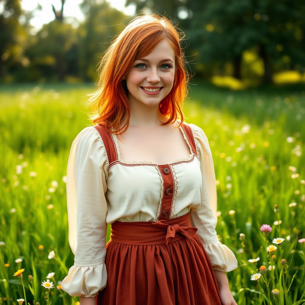 A woman with medium-length red hair and striking green eyes is dressed in a traditional peasant outfit
