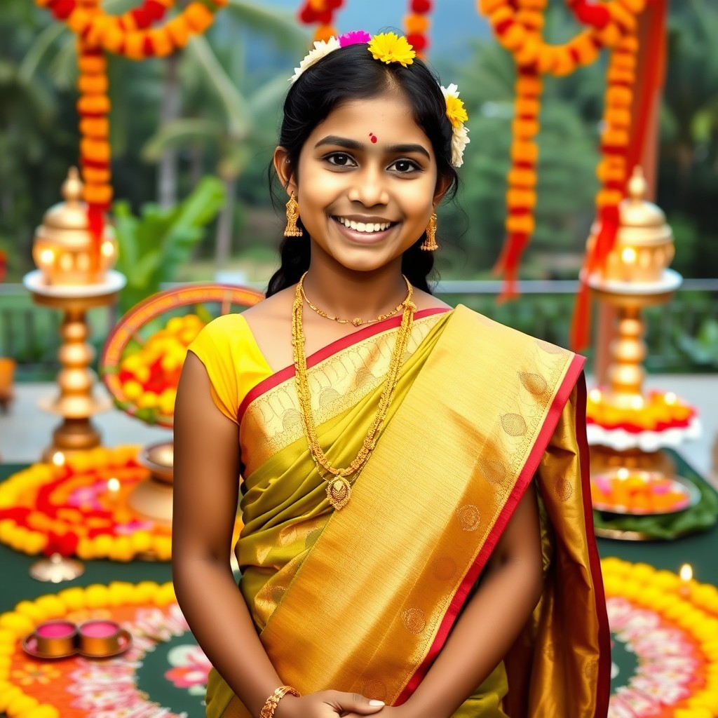 A cheerful 24-year-old girl celebrating Onam, wearing a traditional kasavu saree with intricate golden borders, adorned with beautiful floral jewelry in her hair
