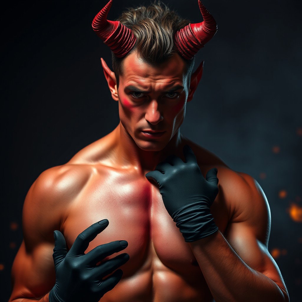 Un atractivo demonio masculino, sin camiseta, exhibiendo un físico musculoso y definido