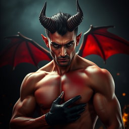 Un atractivo demonio masculino, sin camiseta, exhibiendo un físico musculoso y definido