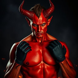 Un atractivo demonio masculino, sin camiseta, exhibiendo un físico musculoso y definido