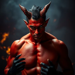 Un atractivo demonio masculino, sin camiseta, exhibiendo un físico musculoso y definido