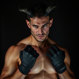Un hombre atractivo con una máscara de demonio, que presenta cuernos y rasgos faciales siniestros pero intrigantes