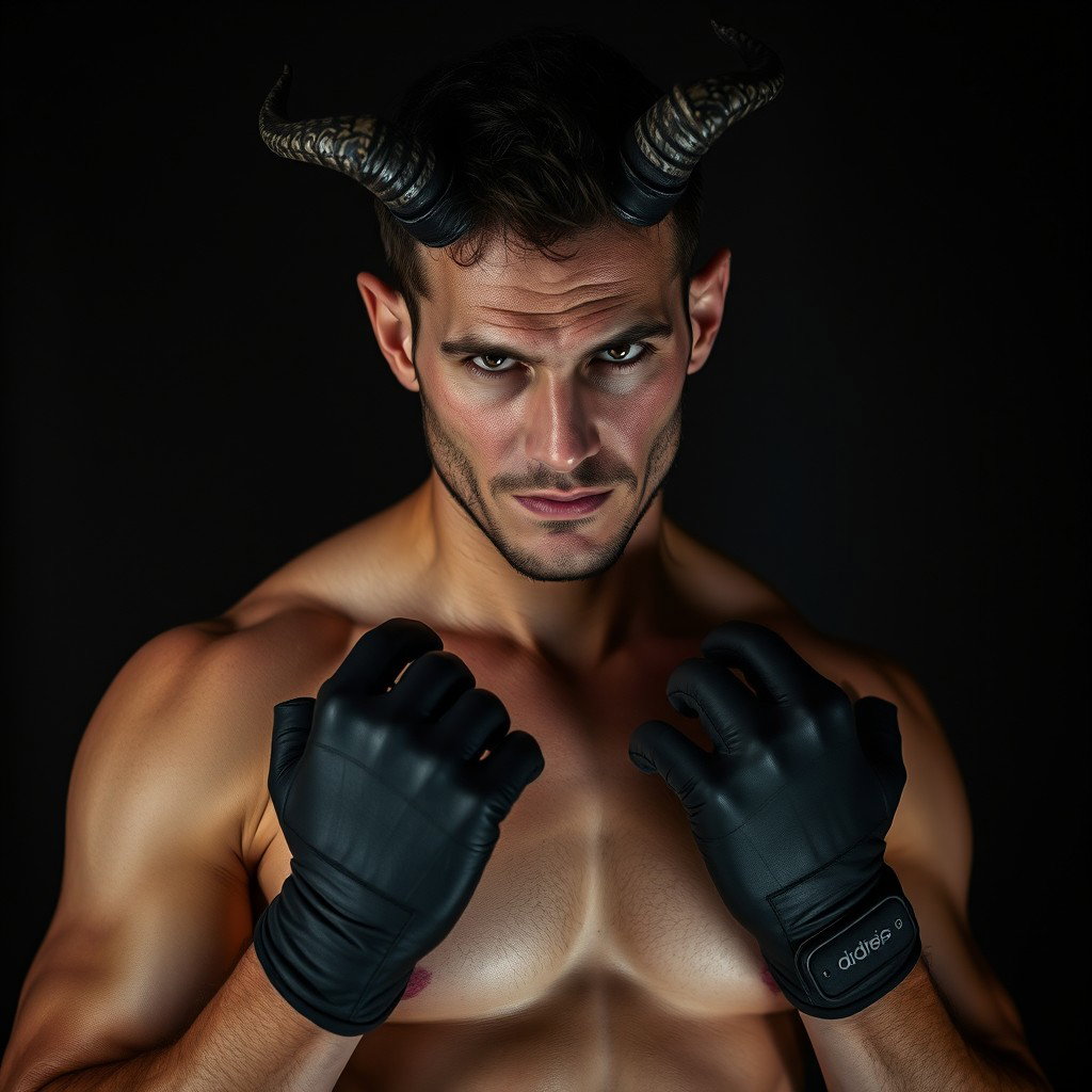 Un hombre atractivo con una máscara de demonio, que presenta cuernos y rasgos faciales siniestros pero intrigantes