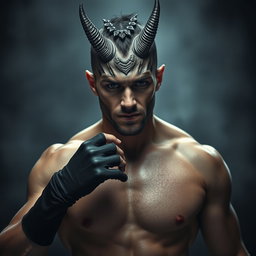 Un hombre atractivo con una máscara de demonio, que presenta cuernos y rasgos faciales siniestros pero intrigantes