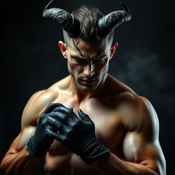 Un hombre atractivo con una máscara de demonio, que presenta cuernos y rasgos faciales siniestros pero intrigantes