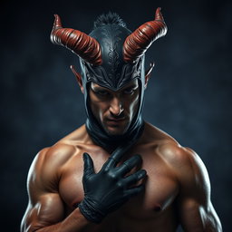 Un hombre atractivo con una máscara de demonio, que presenta cuernos y rasgos faciales siniestros pero intrigantes