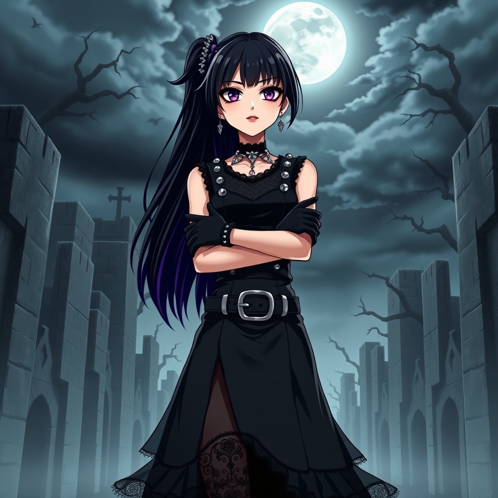 A gothic girl character inspired by My Hero Academia (MHA), featuring a stylish and edgy attire with a long black skirt layered with lace and tulle