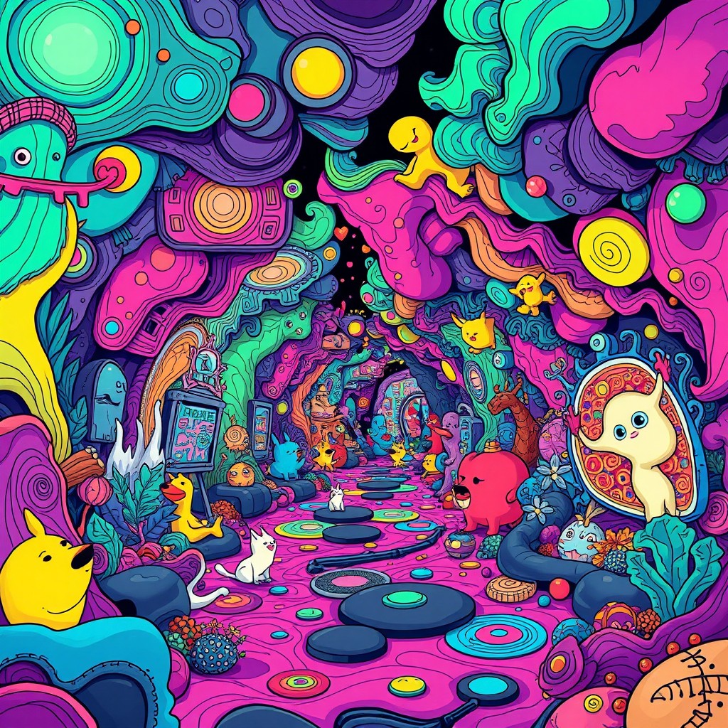 A psychedelic underground scene, bursting with vibrant colors and surreal patterns