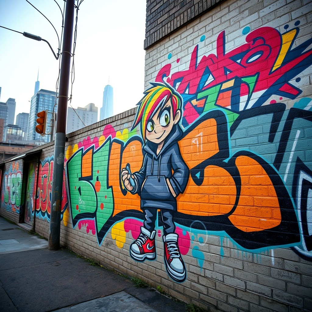 An urban street art scene depicting a large, vibrant graffiti mural featuring a charismatic graffiti character with an edgy, urban style