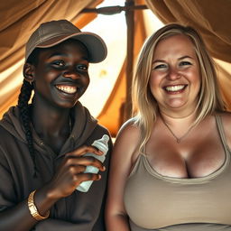 Inside a tent in Africa, a 19-year-old dark-skinned African woman with a wicked smile holds a baby bottle