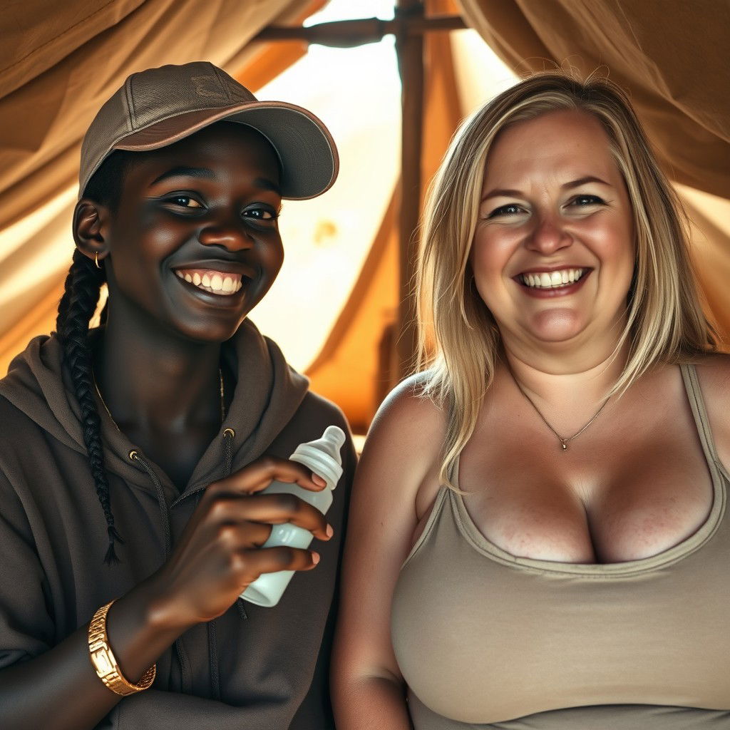 Inside a tent in Africa, a 19-year-old dark-skinned African woman with a wicked smile holds a baby bottle