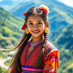 A beautiful Langga girl in a vibrant and colorful traditional outfit, standing gracefully against a stunning scenic background