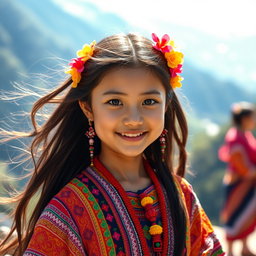 A beautiful Langga girl in a vibrant and colorful traditional outfit, standing gracefully against a stunning scenic background