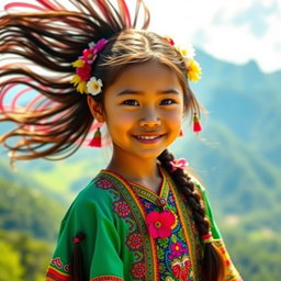 A beautiful Langga girl in a vibrant and colorful traditional outfit, standing gracefully against a stunning scenic background