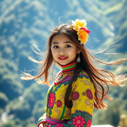 A beautiful Langga girl in a vibrant and colorful traditional outfit, standing gracefully against a stunning scenic background