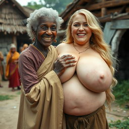 In a medieval village, a 22-year-old African woman, appearing malnourished with decayed teeth and curly white hair, is dressed in a long, fully closed Buddhist robe