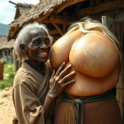 In a medieval village, a 22-year-old African woman, appearing malnourished with decayed teeth and curly white hair, is dressed in a long, fully closed Buddhist robe