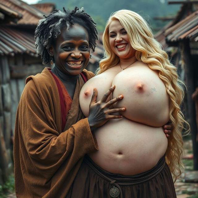 In a medieval village, a 22-year-old African woman, appearing malnourished with decayed teeth and curly white hair, is dressed in a long, fully closed Buddhist robe