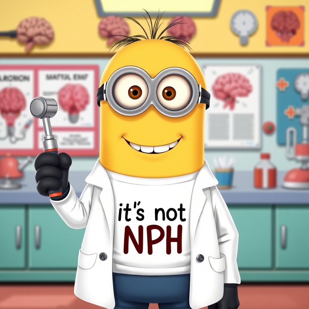 A cartoonish minion styled as a neurologist, wearing a white lab coat over a t-shirt that says 'It's not NPH'