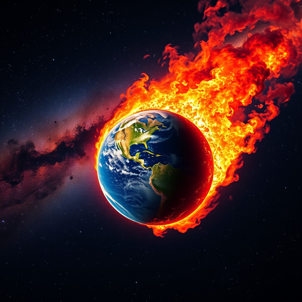 A dramatic scene of outer space depicting a burning planet Earth hurtling towards the Milky Way galaxy