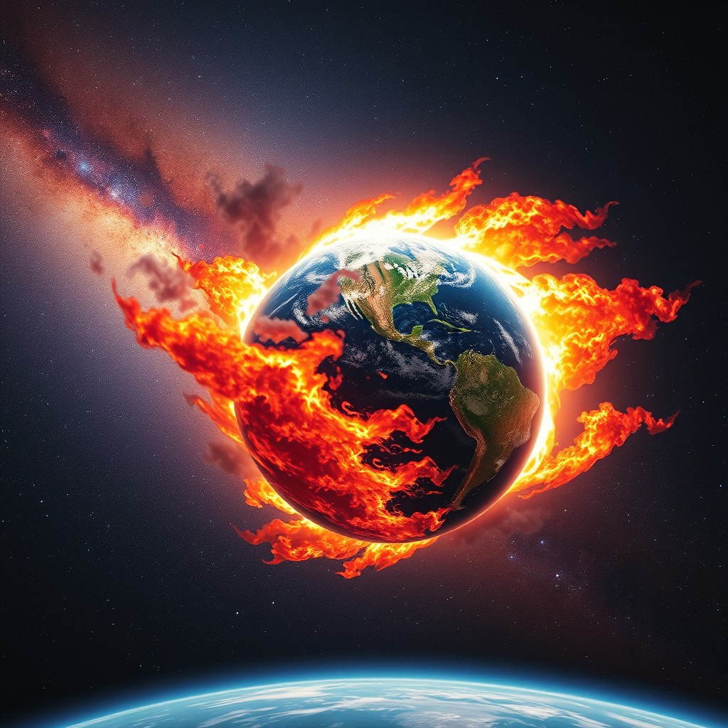 A dramatic scene of outer space illustrating a burning planet Earth racing towards the Milky Way galaxy