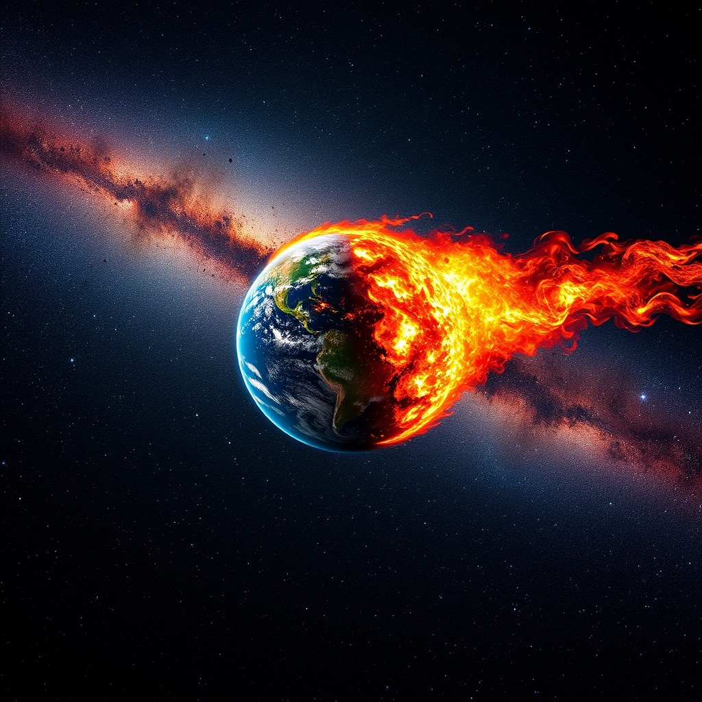 A captivating scene in space showing the burning, hot planet Earth rapidly moving towards the Milky Way galaxy