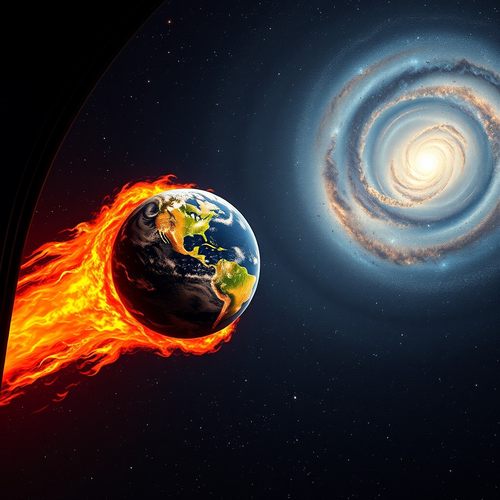 In a dramatic scene set in the vastness of space, the burning, hot planet Earth is depicted rushing diagonally towards the Milky Way galaxy