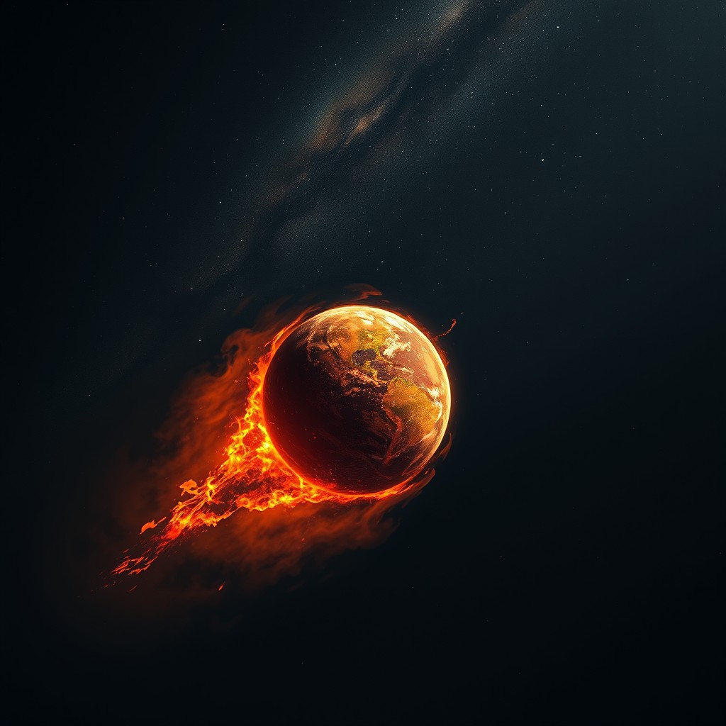 In a mesmerizing dark art scene set in the vast expanse of space, the burning, hot planet Earth is depicted rushing diagonally towards the Milky Way galaxy
