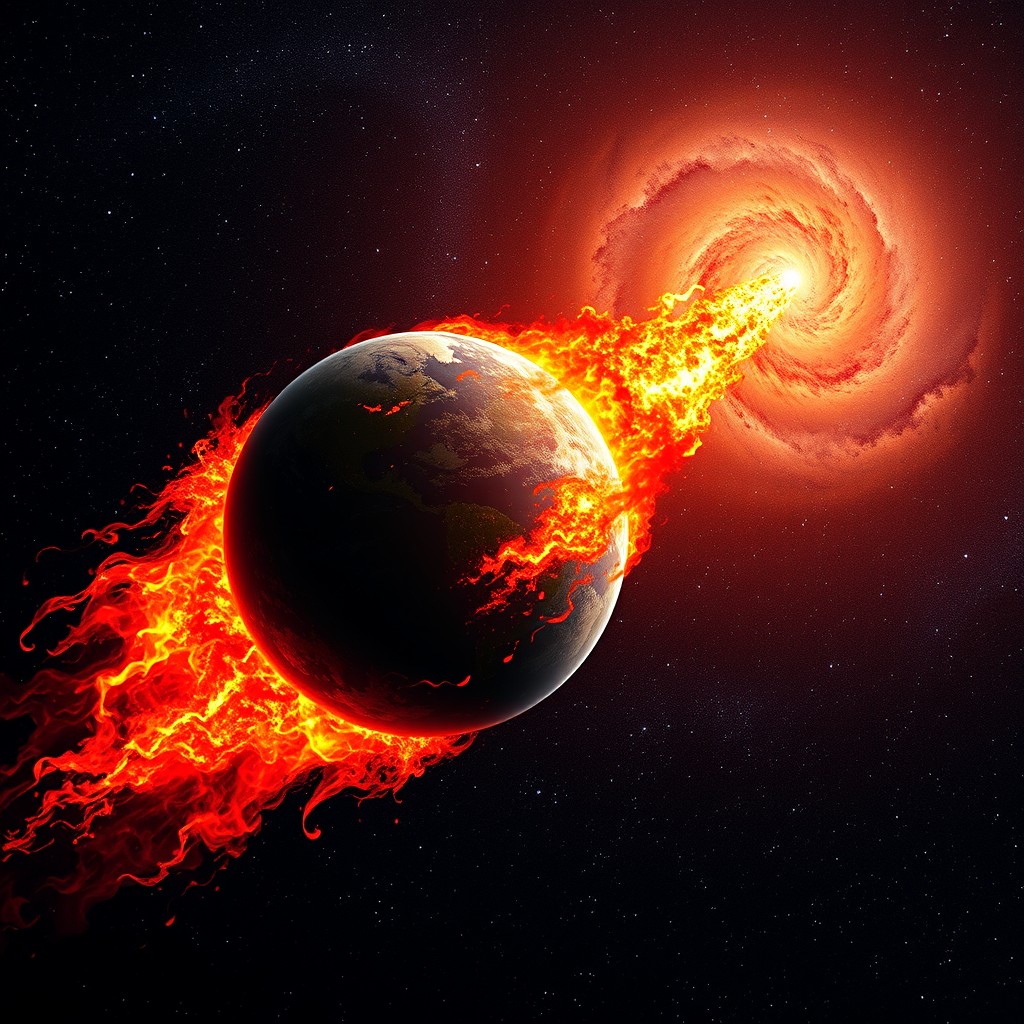 A visually stunning representation of a burning hot planet Earth rushing diagonally towards the dazzling Milky Way galaxy
