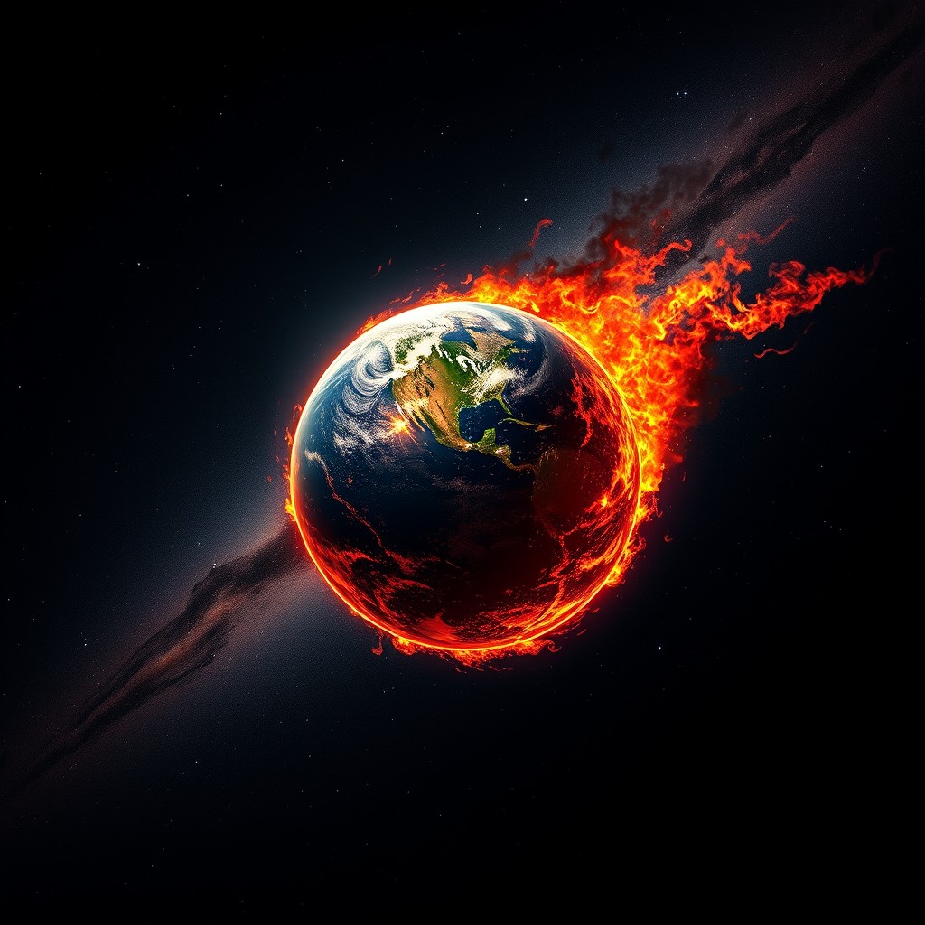 A dramatic depiction of a burning hot planet Earth, appearing to rush diagonally through the vastness of space towards the mesmerizing Milky Way galaxy