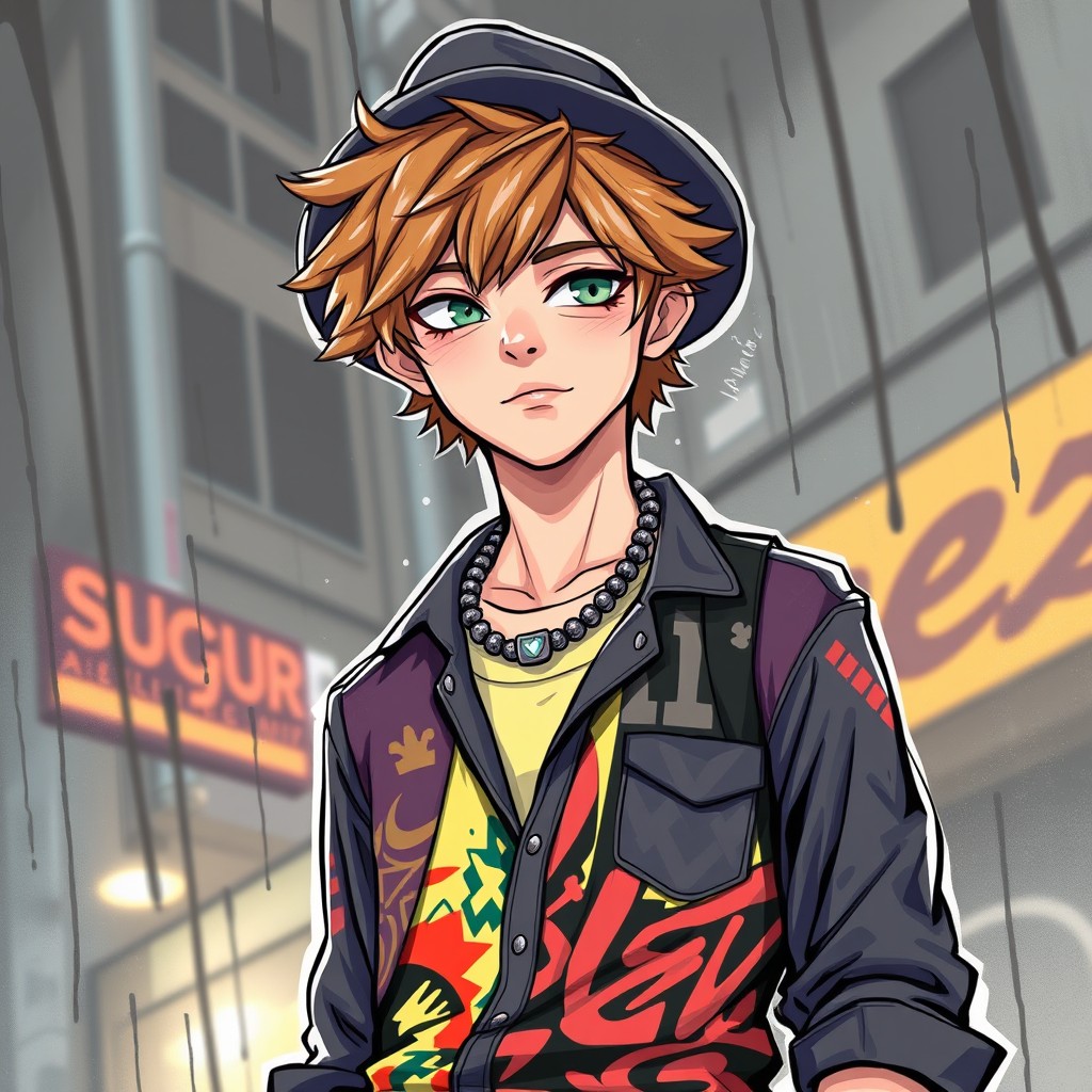 A stylish young adult with fluffy messy hair wearing a trendy shirt and a cool hat, accessorized with a chunky necklace